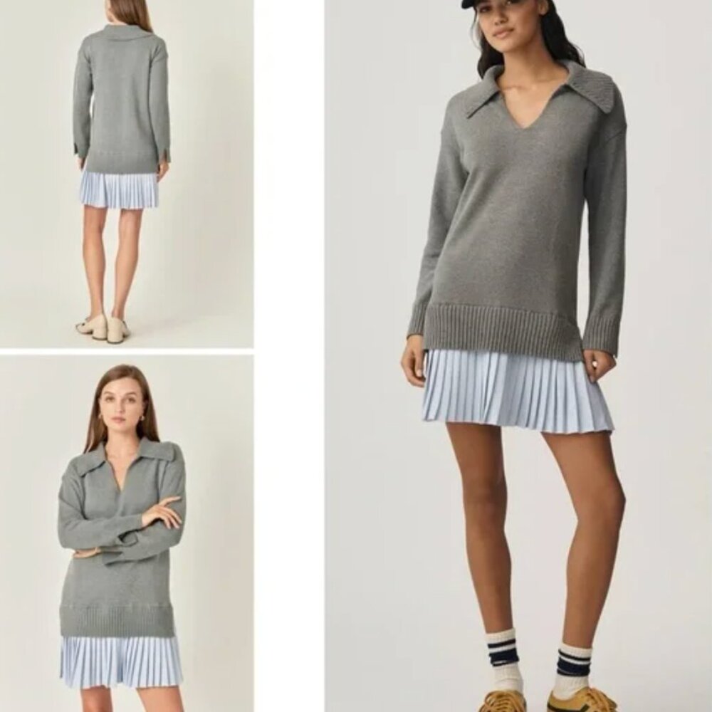 English Factory Oversized Grey Mixed Media Pleated Mini Dress XS NWT